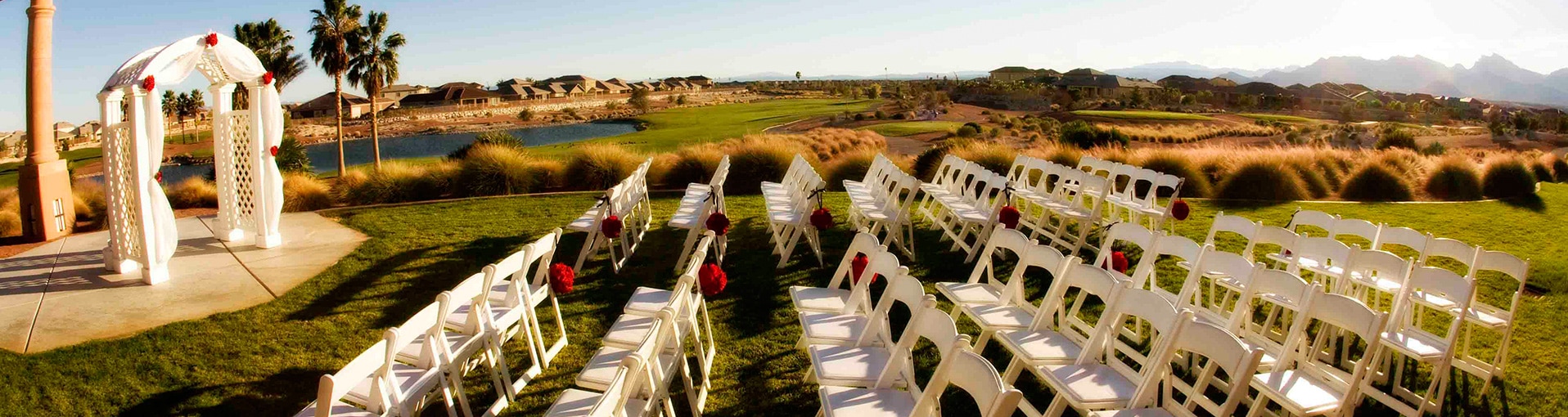Chairs set up at a las vegas golf course wedding venue